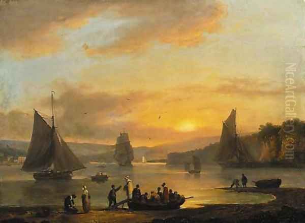 Boats in an estuary with figures disembarking in the foreground Oil Painting by Thomas Luny