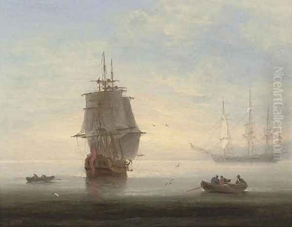 Frigates in an early morning calm, one making ready to put to sea Oil Painting by Thomas Luny