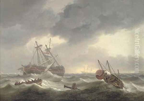 A Dutch man-o'war in distress with boats coming to the rescue Oil Painting by Thomas Luny