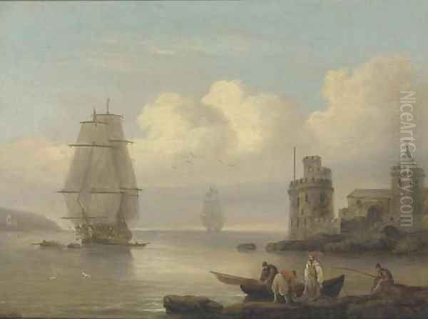 A frigate under tow at the entrance to Dartmouth Harbour Oil Painting by Thomas Luny