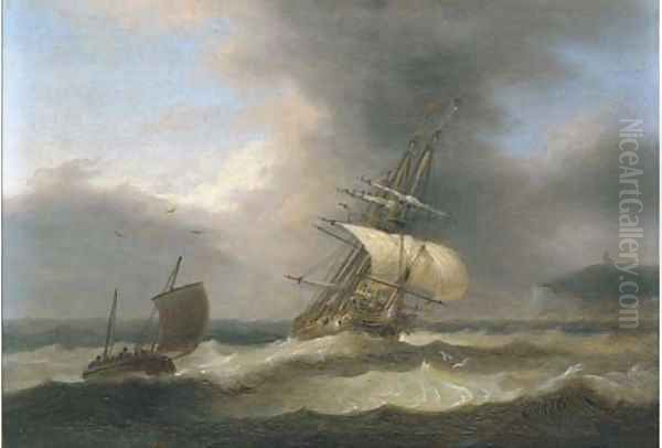 A merchantman reefed down in heavy seas running past a headland Oil Painting by Thomas Luny