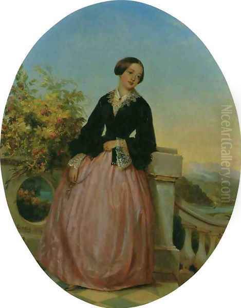 A Young Woman on a Balcony Oil Painting by Louis Lang