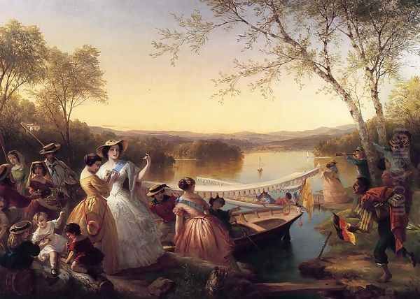 Reminiscences of Lake Mahopac, New York: Ladies Preparing for a Boat Race Oil Painting by Louis Lang