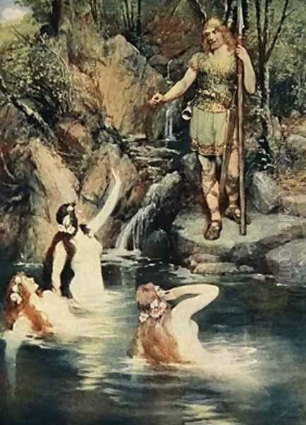 The three maidens swam close to the shore Oil Painting by Ferdinand Leeke