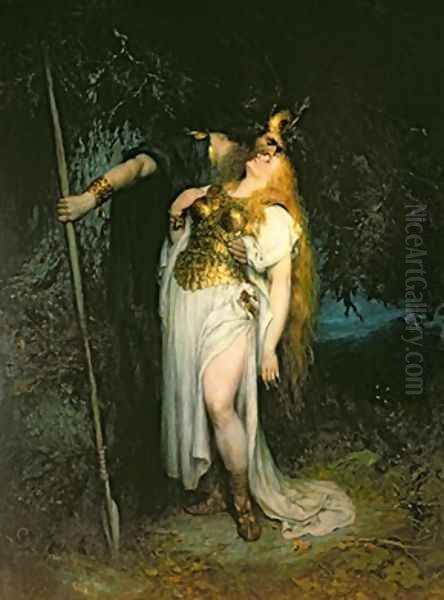 Wotan Bidding Farewell to Brunhilde Oil Painting by Ferdinand Leeke