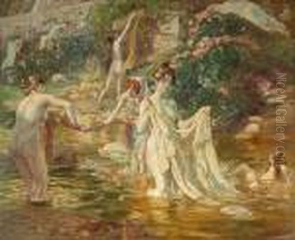 Women Washing Clothes In A Stream Oil Painting by Alphonse Etienne Dinet