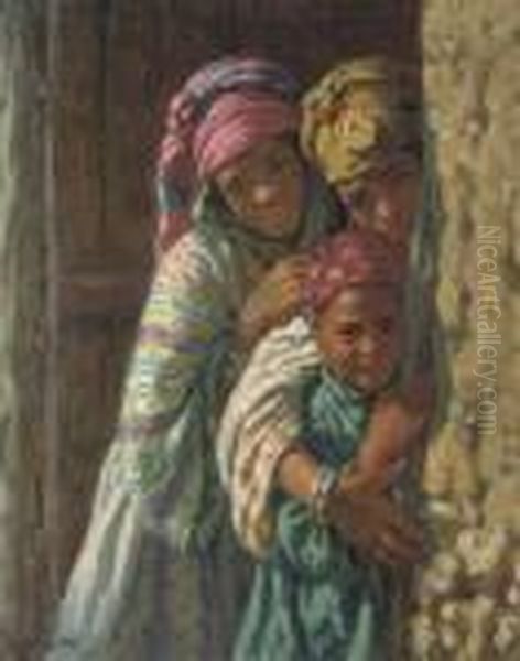 Deux Jeunes Filles Et Un Garcon Devant Une Porte A Bou Saada Oil Painting by Alphonse Etienne Dinet