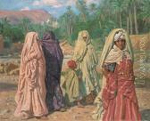 Femmes Traversant Le Lit Asseche De L'oued Bou Saada Oil Painting by Alphonse Etienne Dinet