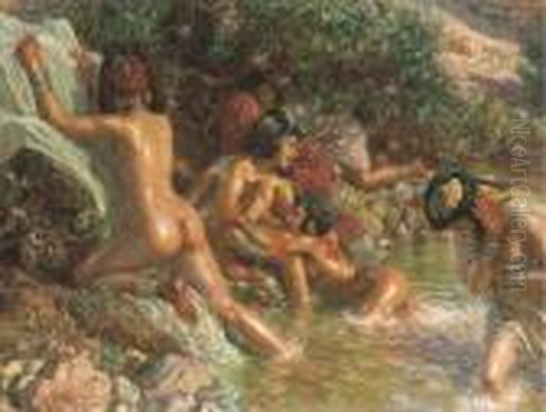 La Fuite Des Baigneuses Oil Painting by Alphonse Etienne Dinet