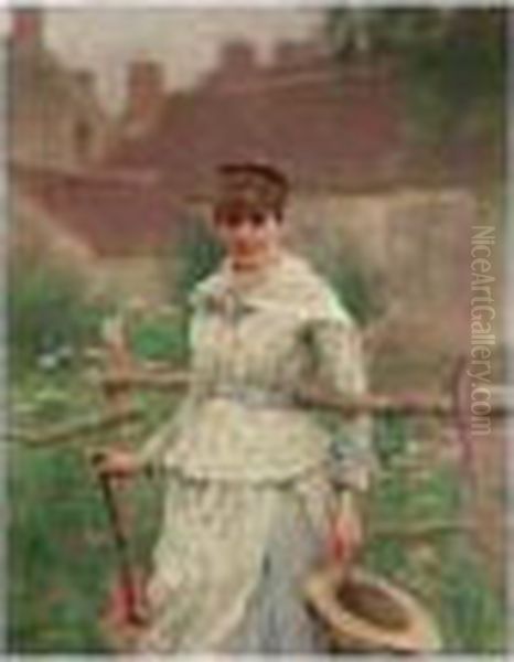 Portrait De Jeanne Dinet Appuyee Contre Une Barriere Oil Painting by Alphonse Etienne Dinet