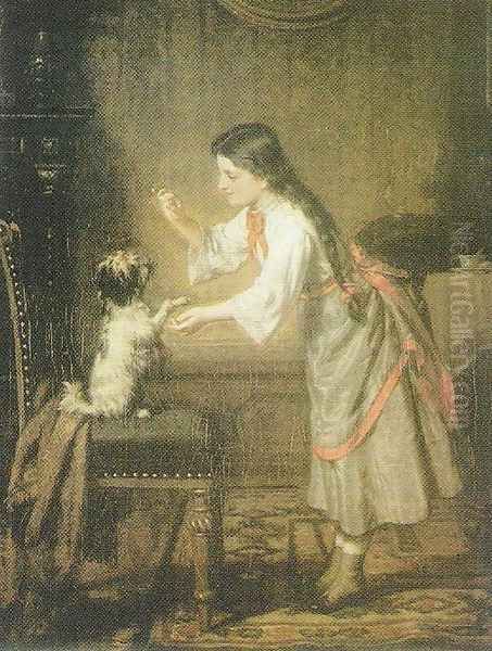 Girl with a Dog Oil Painting by Leopold Loeffler