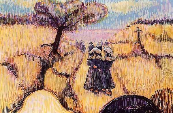 Landscape with Strolling Breton Women Oil Painting by Charles Laval