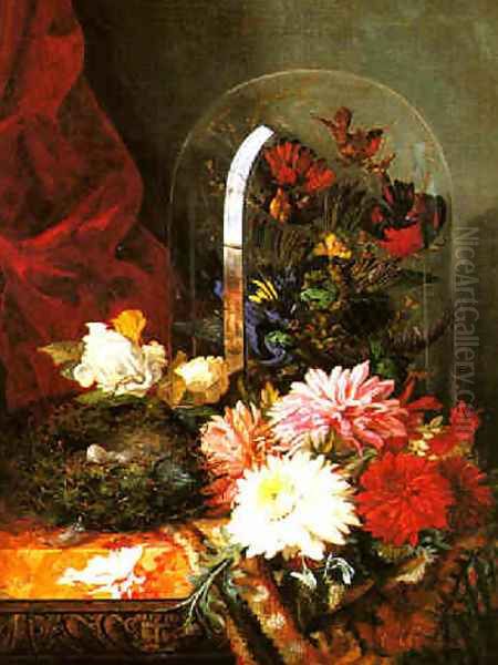 Still life with chrysanthemums, birds in a glass dome and a bird's Oil Painting by Ellen Ladell