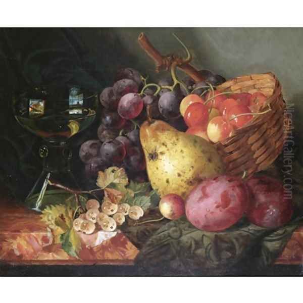 Still life with a basket of cherries, a pear, plums and white-currants on a marble ledge Oil Painting by Ellen Ladell