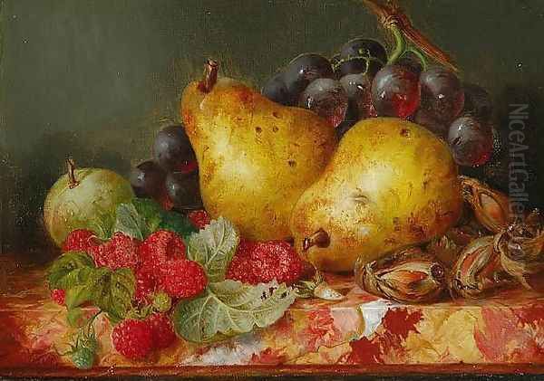 Still Life of Fruit and Nuts on a Marble Ledge (Pair) Oil Painting by Ellen Ladell