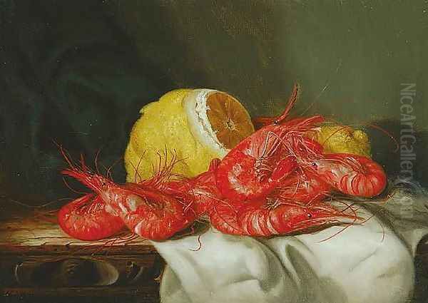 Still Life of Prawns and a Lemon (Pair) Oil Painting by Ellen Ladell