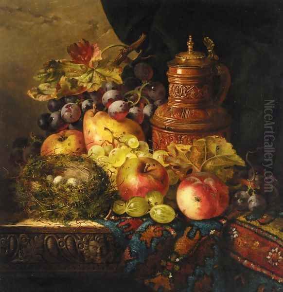 Still Life with Pears, Apples and Grapes, a Bird's Nest and a Jug Oil Painting by Ellen Ladell