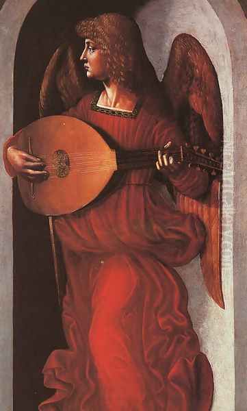 Angel in Red with a Lute 1490 Oil Painting by Associate of Leonardo da Vinci