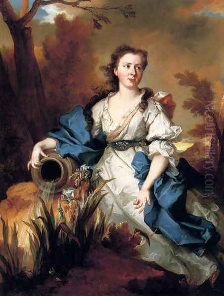 Portrait of Marianne de Mahony, full-length, in a blue and white dress, as a water nymph Oil Painting by Nicolas de Largillierre