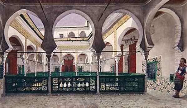 View of an interior courtyard of a house in Algiers Oil Painting by Theodore Leblanc