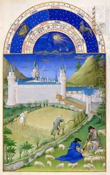 July harvesting and sheep shearing by the Limbourg brothers from the Tres Riches Heures du Duc de Berry Oil Painting by Pol de Limbourg