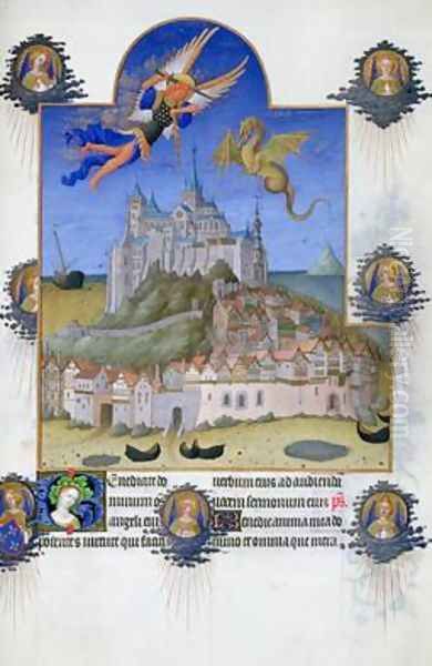 St Michael defeating the dragon above Mont St Michael Oil Painting by Pol de Limbourg