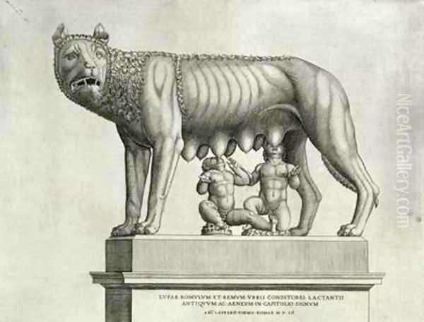 Drawing of the Etruscan bronze of the she wolf suckling Romulus and Remus Oil Painting by Antonio Lafreri