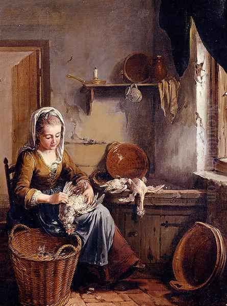 A Scullery Maid Preparing A Chicken Oil Painting by Willem Joseph Laquy