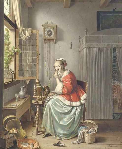 A spinner sitting beside an open window Oil Painting by Willem Joseph Laquy