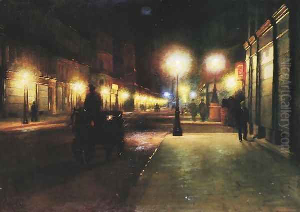 Parisian Street at Night Oil Painting by Ludwik de Laveaux