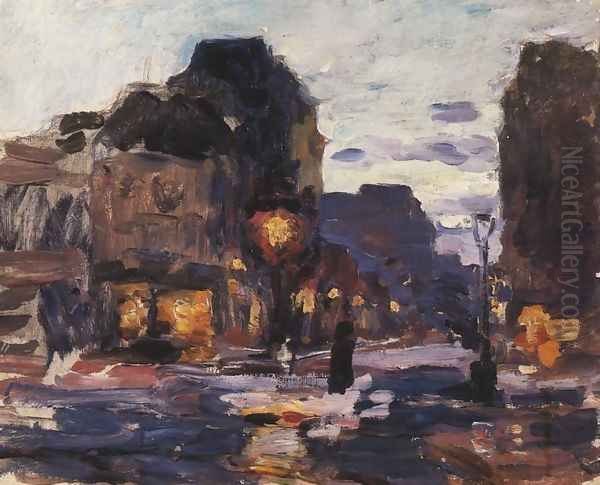 Parisian Street Lit by a Street Lamp Oil Painting by Ludwik de Laveaux