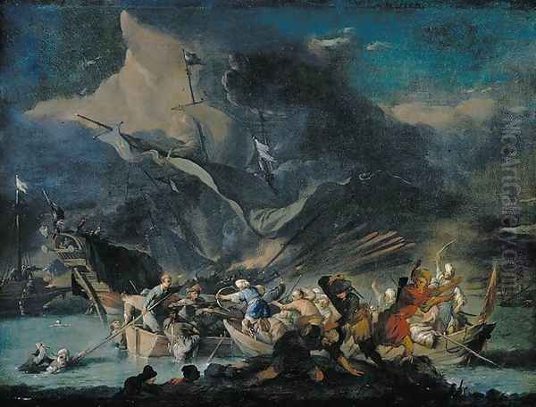 A Sea Battle Oil Painting by Johannes Lingelbach