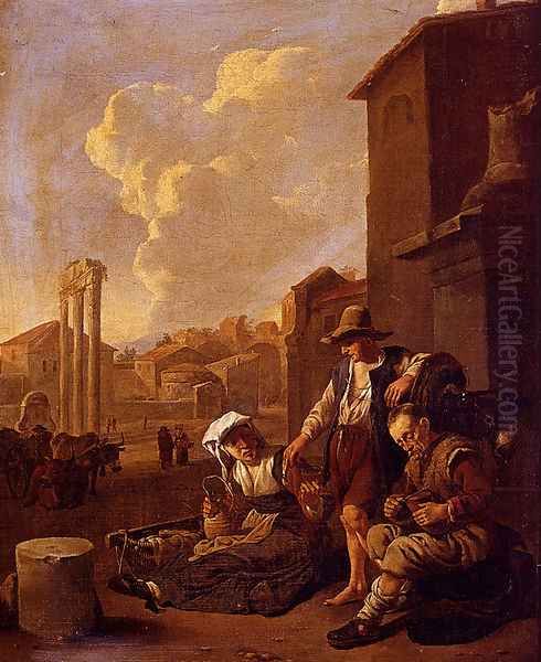 Peasant Family Having Bread And Wine, The Campo Vaccino, Rome, Beyond Oil Painting by Johannes Lingelbach