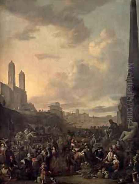 Capriccio View of Rome with a Market by Berninis Four Rivers Fountain, Santa Trinita dei Monti St Francesca Romana and the Arch of Titus beyond Oil Painting by Johannes Lingelbach