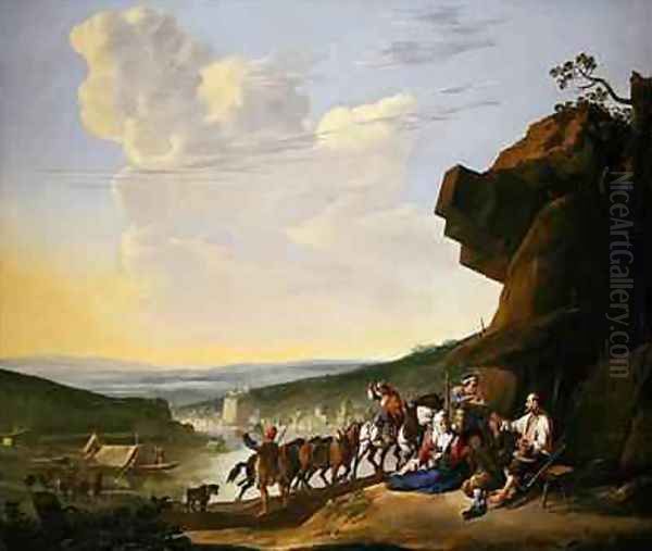 Extensive river landscape with peasants resting by a shack Oil Painting by Johannes Lingelbach