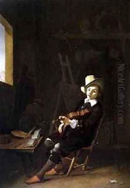 Self Portrait of the Artist Playing a Violin Oil Painting by Johannes Lingelbach