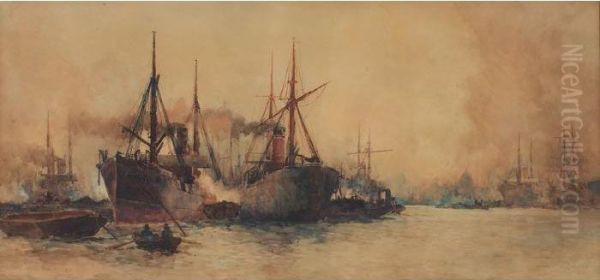 Steamboats Oil Painting by Charles Edward Dixon