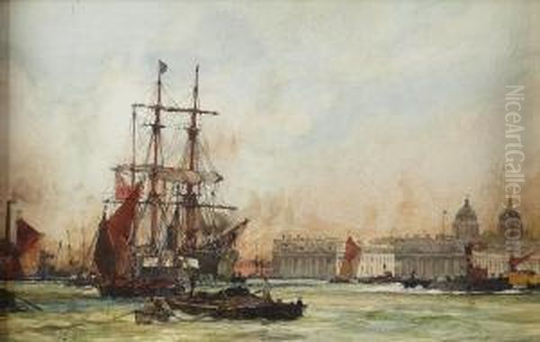 A Busy Thames View The Tower Of London In The Distance Oil Painting by Charles Edward Dixon