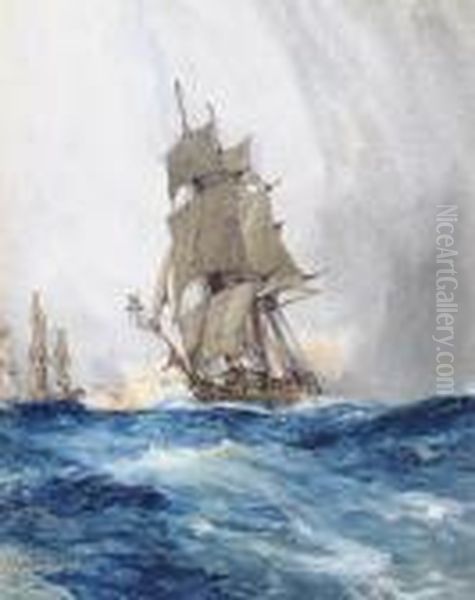 Frigates On The High Seas Oil Painting by Charles Edward Dixon