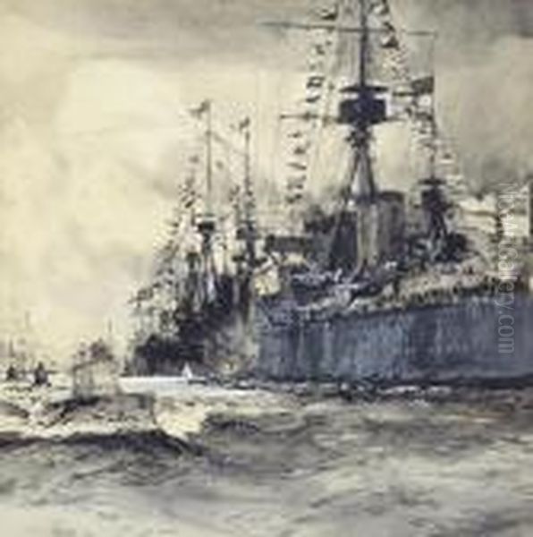 A Fleet Of Submarines Passing H.m.s. Dreadnought Oil Painting by Charles Edward Dixon