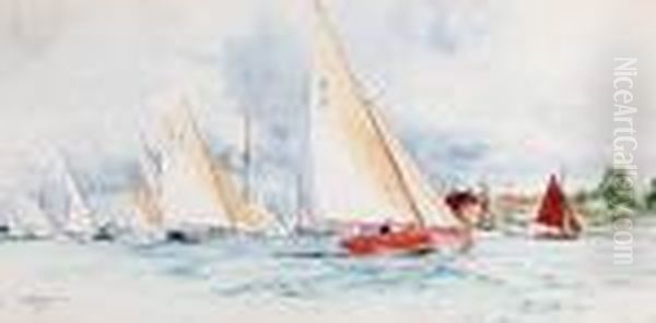 Yachts On A Breezy Day Oil Painting by Charles Edward Dixon