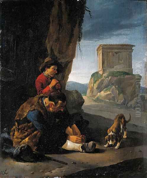 Vagabonds resting by a cliff on a pass Oil Painting by Johannes Lingelbach