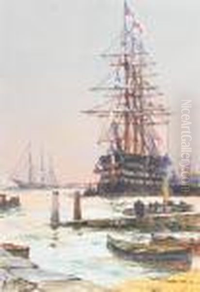 H.m.s. St. Vincent Lying At Herpermanent Mooring Off Haslar Creek Oil Painting by Charles Edward Dixon