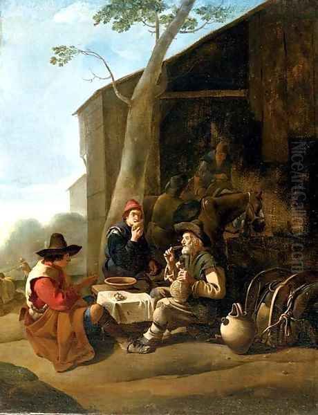 Peasants resting before an inn Oil Painting by Johannes Lingelbach