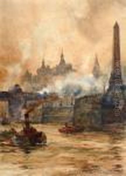 Shipping On The Thames, Beside Cleopatra's Needle Oil Painting by Charles Edward Dixon