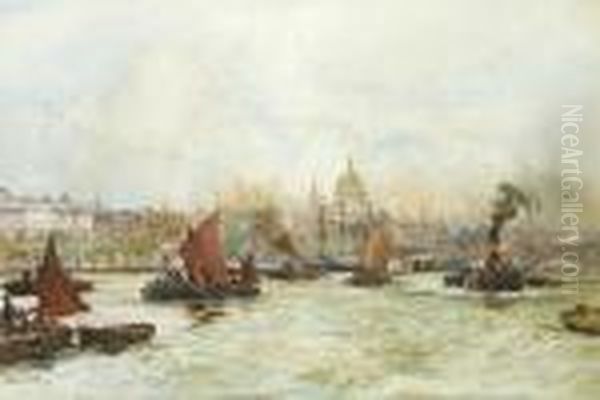 Barges, Tugs And Lighters Making
 The Most Of The Full Tide Above Blackfriars Bridge With St. Pauls 
Cathedral On The Skyline Beyond Oil Painting by Charles Edward Dixon