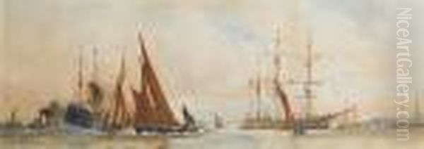 Barges Beating Up Off Gravesend Oil Painting by Charles Edward Dixon