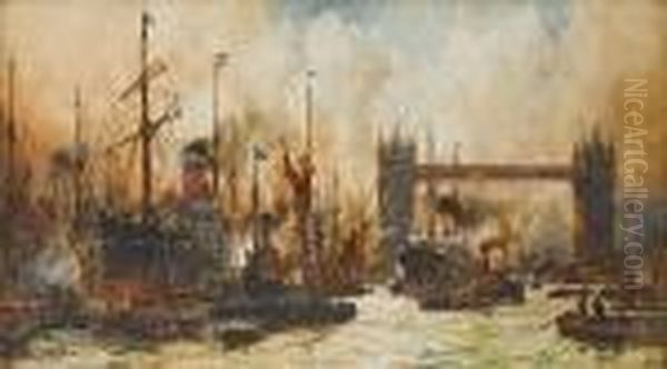 The Bustling River Below Tower Bridge Oil Painting by Charles Edward Dixon