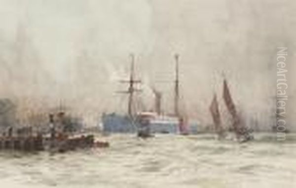 A Passenger Liner Arriving At Her Berth On The Lower Thames Oil Painting by Charles Edward Dixon