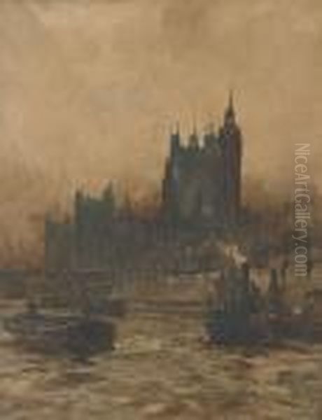 Tugs And Barges On The Thames Before The Palace Of Westminster Oil Painting by Charles Edward Dixon